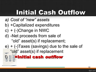 Initial Cash OutflowInitial Cash Outflow
a)a) Cost ofCost of “new” assets“new” assets
b) +Capitalized expenditures
c) + (-)Change in NWC
d) -Net proceeds from sale of
“old” asset(s) if replacement;
e) + (-)Taxes (savings) due to the sale of
“old” asset(s) if replacement
f) =Initial cash=Initial cash outflowoutflow
10
 