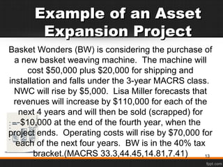 Example of an AssetExample of an Asset
Expansion ProjectExpansion Project
Basket Wonders (BW) is considering the purchase of
a new basket weaving machine. The machine will
cost $50,000 plus $20,000 for shipping and
installation and falls under the 3-year MACRS class.
NWC will rise by $5,000. Lisa Miller forecasts that
revenues will increase by $110,000 for each of the
next 4 years and will then be sold (scrapped) for
$10,000 at the end of the fourth year, when the
project ends. Operating costs will rise by $70,000 for
each of the next four years. BW is in the 40% tax
bracket.(MACRS 33.3,44.45,14.81,7.41) 13
 
