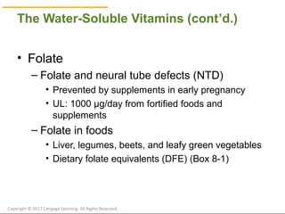 © Cengage Learning 2017
The Water-Soluble Vitamins (cont’d.)
• Folate
– Folate and neural tube defects (NTD)
• Prevented by supplements in early pregnancy
• UL: 1000 µg/day from fortified foods and
supplements
– Folate in foods
• Liver, legumes, beets, and leafy green vegetables
• Dietary folate equivalents (DFE) (Box 8-1)
Copyright © 2017 Cengage Learning. All Rights Reserved.
 