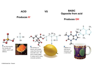 ACID
Produces H+
BASIC
Opposite from acid
Produces OH-
VS
 