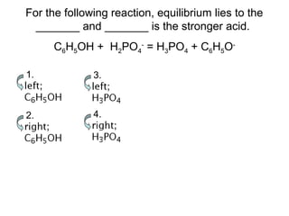 1.
2.
3.
4.
For the following reaction, equilibrium lies to the
_______ and _______ is the stronger acid.
C6H5OH + H2PO4
-
= H3PO4 + C6H5O-
 