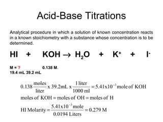 Acid-Base Titrations
AAnalytical procedure in which a solution of known concentration reacts
in a known stoichiometry with a substance whose concentration is to be
determined.
HI + KOH → H2O + K+
+ I-
M = ? 0.138 M.
19.4 mL 39.2 mL
M0.279
Liters0.0194
mole5.41x10
MolarityHI
HofmolesOHofmolesKOHofmoles
KOHofmole.41x105
ml1000
liter1
x39.2mLx
liter
moles
138.0
3
3
==
==
=
−
−
 