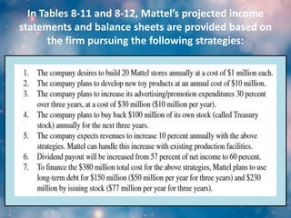 In Tables 8-11 and 8-12, Mattel’s projected income
statements and balance sheets are provided based on
the firm pursuing the following strategies:
 