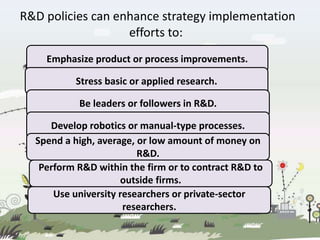 R&D policies can enhance strategy implementation
efforts to:
Emphasize product or process improvements.
Stress basic or applied research.
Be leaders or followers in R&D.
Develop robotics or manual-type processes.
Spend a high, average, or low amount of money on
R&D.
Perform R&D within the firm or to contract R&D to
outside firms.
Use university researchers or private-sector
researchers.
 