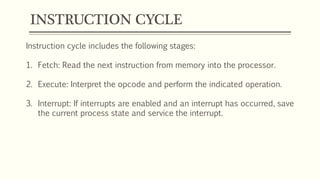 INSTRUCTION CYCLE
Instruction cycle includes the following stages:
1. Fetch: Read the next instruction from memory into the processor.
2. Execute: Interpret the opcode and perform the indicated operation.
3. Interrupt: If interrupts are enabled and an interrupt has occurred, save
the current process state and service the interrupt.
 