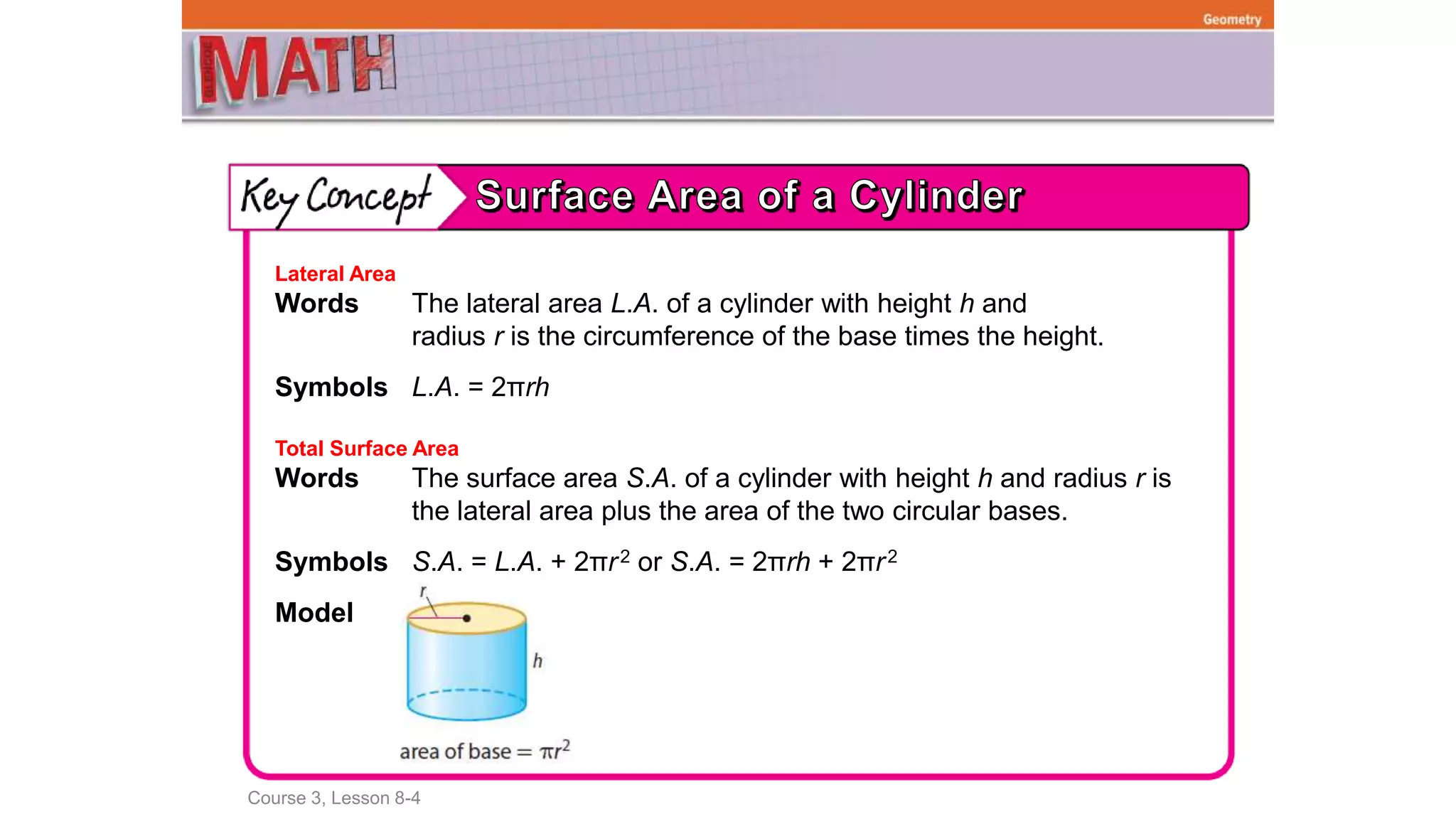 Course 3, Lesson 8-4
Geometry
Lateral Area
Words The lateral area L.A. of a cylinder with height h and
radius r is the circumference of the base times the height.
Symbols L.A. = 2πrh
Total Surface Area
Words The surface area S.A. of a cylinder with height h and radius r is
the lateral area plus the area of the two circular bases.
Symbols S.A. = L.A. + 2πr2 or S.A. = 2πrh + 2πr2
Model
 