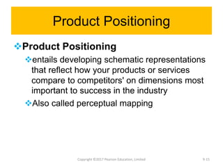 Product Positioning
Product Positioning
entails developing schematic representations
that reflect how your products or services
compare to competitors' on dimensions most
important to success in the industry
Also called perceptual mapping
Copyright ©2017 Pearson Education, Limited 9-15
 