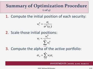 INVESTMENTS | BODIE, KANE, MARCUS
1. Compute the initial position of each security:
2. Scale those initial positions:
3. Compute the alpha of the active portfolio:
Summary of Optimization Procedure
(1 of 4)
©2021 McGraw-Hill Education 8-18
0
2
( )
i
i
i
w
e



0
0
1
i
i n
i
i
w
w
w



1
n
A i i
i
w 

 
 