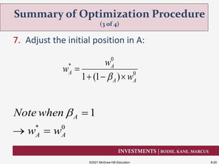 INVESTMENTS | BODIE, KANE, MARCUS
7. Adjust the initial position in A:
Summary of Optimization Procedure
(3 of 4)
©2021 McGraw-Hill Education 8-20
0
*
0
1 (1 )
A
A
A A
w
w
w

  
* 0
1A
A A
Note when
w w
 
 
 