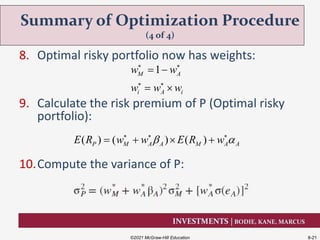 INVESTMENTS | BODIE, KANE, MARCUS
8. Optimal risky portfolio now has weights:
9. Calculate the risk premium of P (Optimal risky
portfolio):
10.Compute the variance of P:
Summary of Optimization Procedure
(4 of 4)
©2021 McGraw-Hill Education 8-21
( ) ( ) ( )P M A A M A AE R w w E R w   
   
1M A
i A i
w w
w w w
 
 
 
 
 