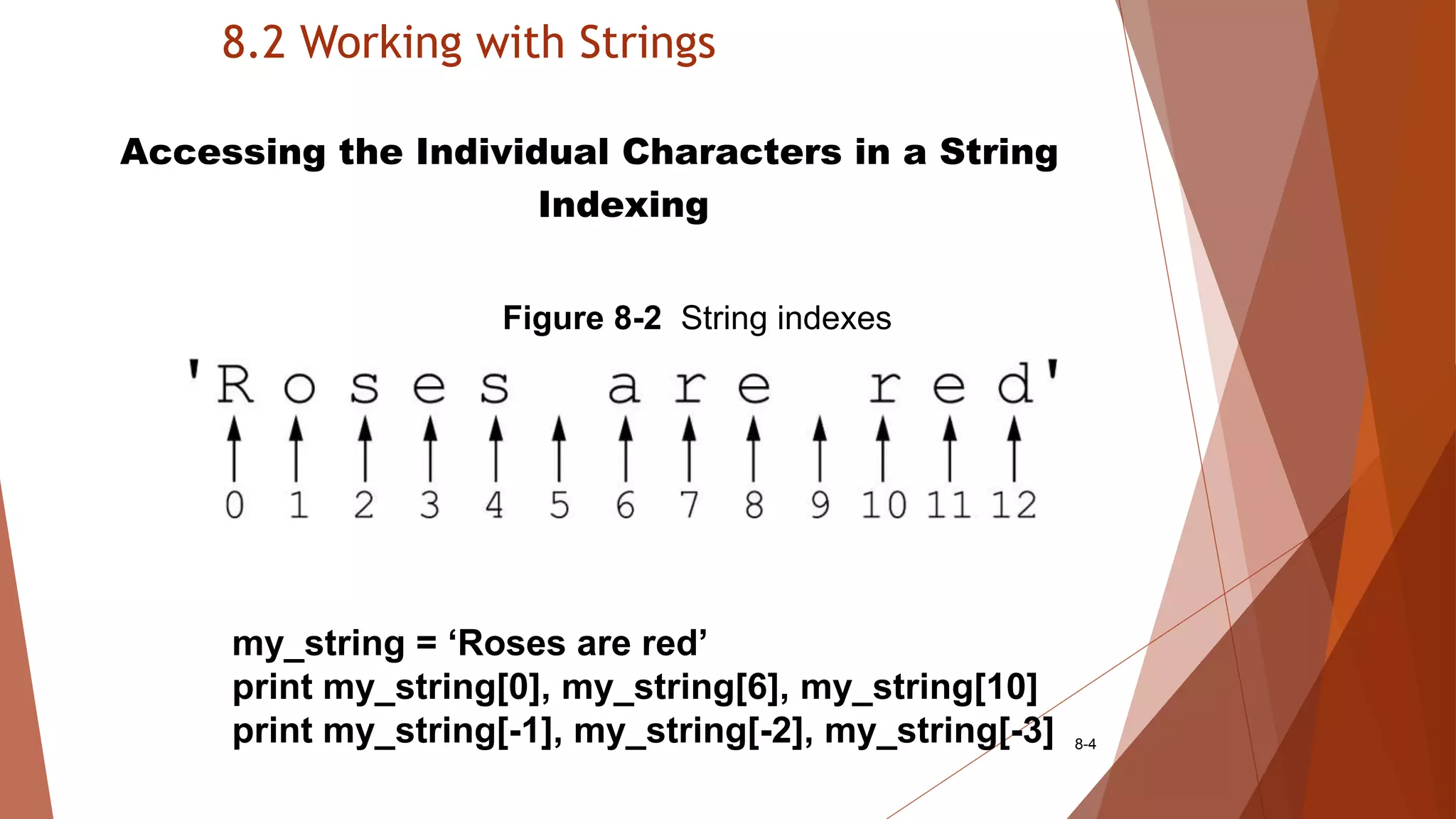 8.2 Working with Strings
8-4
Accessing the Individual Characters in a String
Indexing
my_string = ‘Roses are red’
print my_string[0], my_string[6], my_string[10]
print my_string[-1], my_string[-2], my_string[-3]
Figure 8-2 String indexes
 