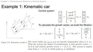 Chapter 7 - Nonholonomic Behavior in Robotic System
Example 1: Kinematic car
Control system:
To calculate the growth vector, we build the filtration:
 