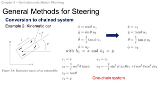 Conversion to chained system
Chapter 8 – Nonholonomic Motion Planning
General Methods for Steering
Example 2: Kinematic car
One-chain system
 