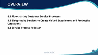 OVERVIEW
8.1 Flowcharting Customer Service Processes
8.2 Blueprinting Services to Create Valued Experiences and Productive
Operations
8.3 Service Process Redesign
1
 