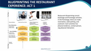 BLUEPRINTING THE RESTAURANT
EXPERIENCE: ACT 1
19
Restaurant blueprinting consist
backstage and frontstage activities.
In the frontstage, there are make
reservation, valet parking, and
coatroom. Each activities has
physical evidence, contact person,
ang physical interaction
 