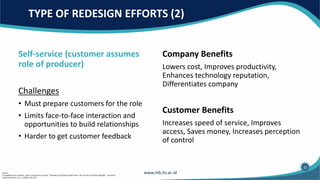 Self-service (customer assumes
role of producer)
Challenges
• Must prepare customers for the role
• Limits face-to-face interaction and
opportunities to build relationships
• Harder to get customer feedback
Company Benefits
Lowers cost, Improves productivity,
Enhances technology reputation,
Differentiates company
Customer Benefits
Increases speed of service, Improves
access, Saves money, Increases perception
of control
TYPE OF REDESIGN EFFORTS (2)
32
Source:
(1) Adapted from Leonard L. Berry and Sandra K. Lampo, “Teaching an Old Service New Tricks: The Promise of Service Redesign.” Journal of
Service Research, 2, no. 3 (2000): 265–275.
 