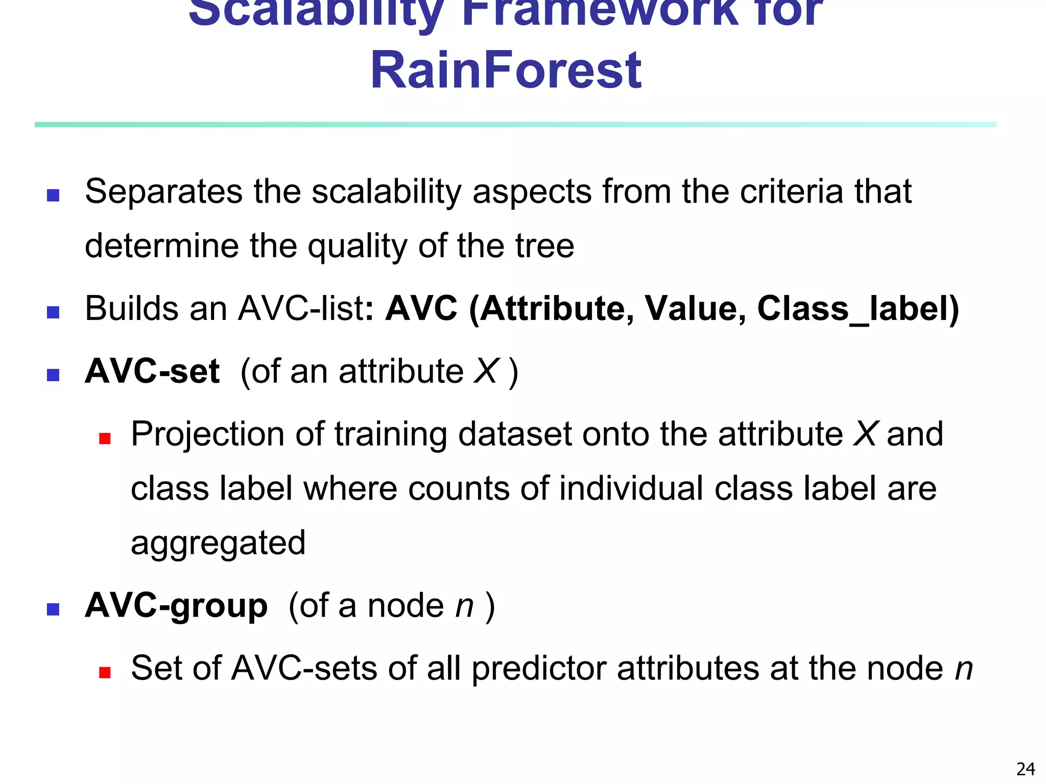 24 Scalability Framework for RainForest  Separates the scalability aspects from the criteria that determine the quality of the tree  Builds an AVC-list: AVC (Attribute, Value, Class_label)  AVC-set (of an attribute X )  Projection of training dataset onto the attribute X and class label where counts of individual class label are aggregated  AVC-group (of a node n )  Set of AVC-sets of all predictor attributes at the node n 