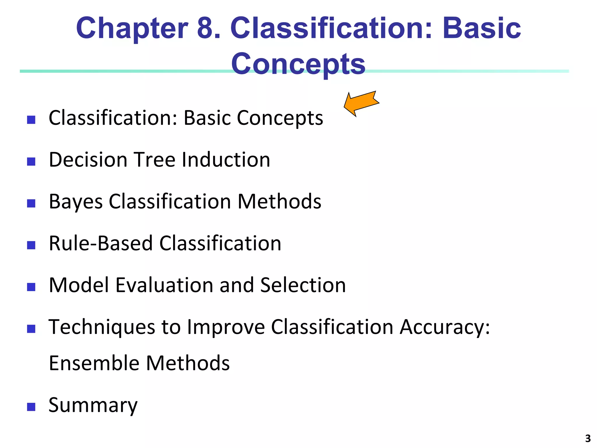 3 Chapter 8. Classification: Basic Concepts  Classification: Basic Concepts  Decision Tree Induction  Bayes Classification Methods  Rule-Based Classification  Model Evaluation and Selection  Techniques to Improve Classification Accuracy: Ensemble Methods  Summary 