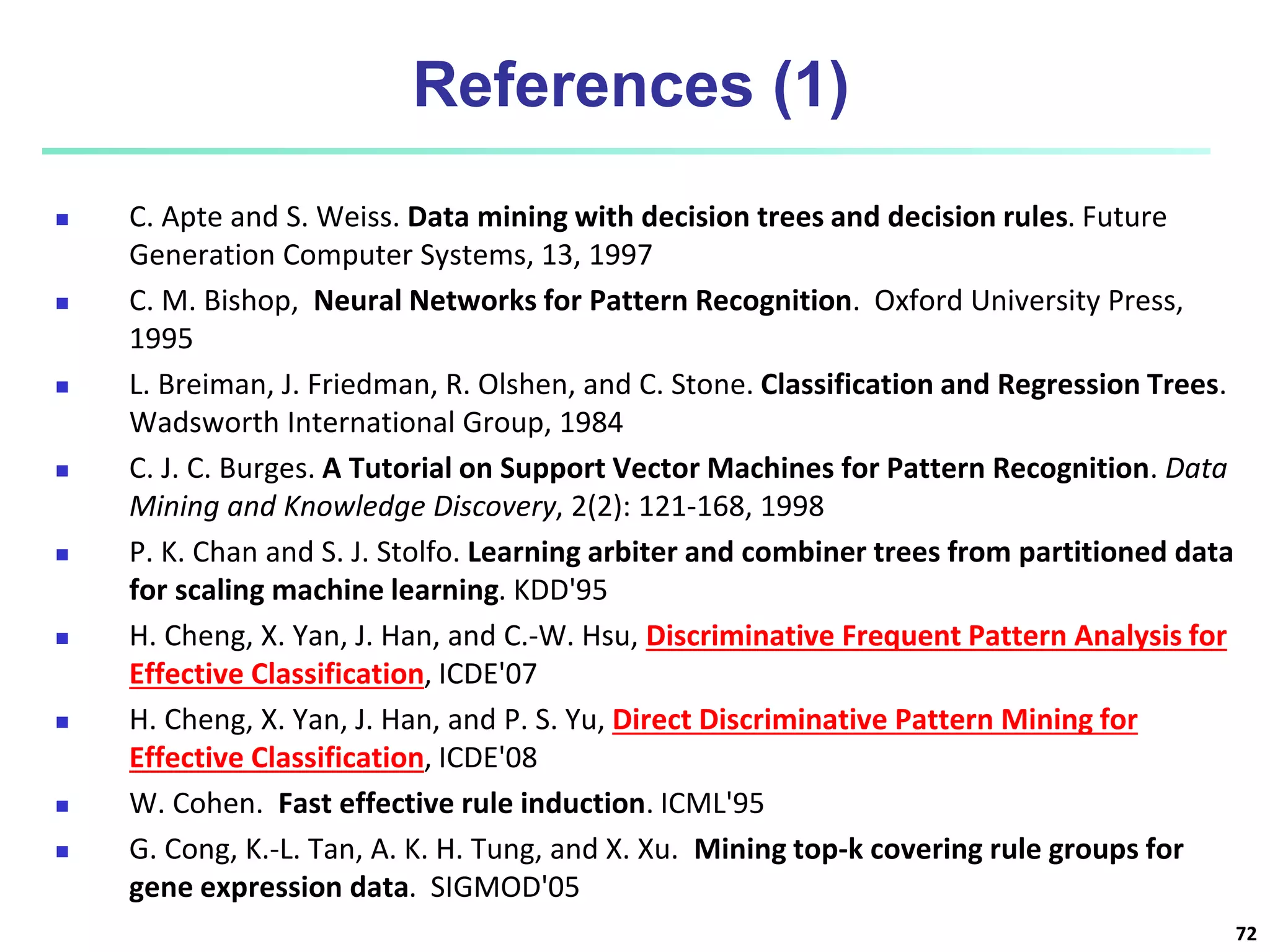 References (1)  C. Apte and S. Weiss. Data mining with decision trees and decision rules. Future Generation Computer Systems, 13, 1997  C. M. Bishop, Neural Networks for Pattern Recognition. Oxford University Press, 1995  L. Breiman, J. Friedman, R. Olshen, and C. Stone. Classification and Regression Trees. Wadsworth International Group, 1984  C. J. C. Burges. A Tutorial on Support Vector Machines for Pattern Recognition. Data Mining and Knowledge Discovery, 2(2): 121-168, 1998  P. K. Chan and S. J. Stolfo. Learning arbiter and combiner trees from partitioned data for scaling machine learning. KDD'95  H. Cheng, X. Yan, J. Han, and C.-W. Hsu, Discriminative Frequent Pattern Analysis for Effective Classification, ICDE'07  H. Cheng, X. Yan, J. Han, and P. S. Yu, Direct Discriminative Pattern Mining for Effective Classification, ICDE'08  W. Cohen. Fast effective rule induction. ICML'95  G. Cong, K.-L. Tan, A. K. H. Tung, and X. Xu. Mining top-k covering rule groups for gene expression data. SIGMOD'05 72 