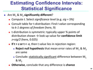 Estimating Confidence Intervals:
Statistical Significance
 Are M1 & M2 significantly different?
 Compute t. Select significance level (e.g. sig = 5%)
 Consult table for t-distribution: Find t value corresponding
to k-1 degrees of freedom (here, 9)
 t-distribution is symmetric: typically upper % points of
distribution shown → look up value for confidence limit
z=sig/2 (here, 0.025)
 If t > z or t < -z, then t value lies in rejection region:
 Reject null hypothesis that mean error rates of M1 & M2
are same
 Conclude: statistically significant difference between M1
& M2
 Otherwise, conclude that any difference is chance
59
 