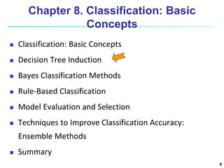 9
Chapter 8. Classification: Basic
Concepts
 Classification: Basic Concepts
 Decision Tree Induction
 Bayes Classification Methods
 Rule-Based Classification
 Model Evaluation and Selection
 Techniques to Improve Classification Accuracy:
Ensemble Methods
 Summary
 