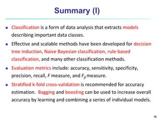 Summary (I)
 Classification is a form of data analysis that extracts models
describing important data classes.
 Effective and scalable methods have been developed for decision
tree induction, Naive Bayesian classification, rule-based
classification, and many other classification methods.
 Evaluation metrics include: accuracy, sensitivity, specificity,
precision, recall, F measure, and Fß measure.
 Stratified k-fold cross-validation is recommended for accuracy
estimation. Bagging and boosting can be used to increase overall
accuracy by learning and combining a series of individual models.
70
 