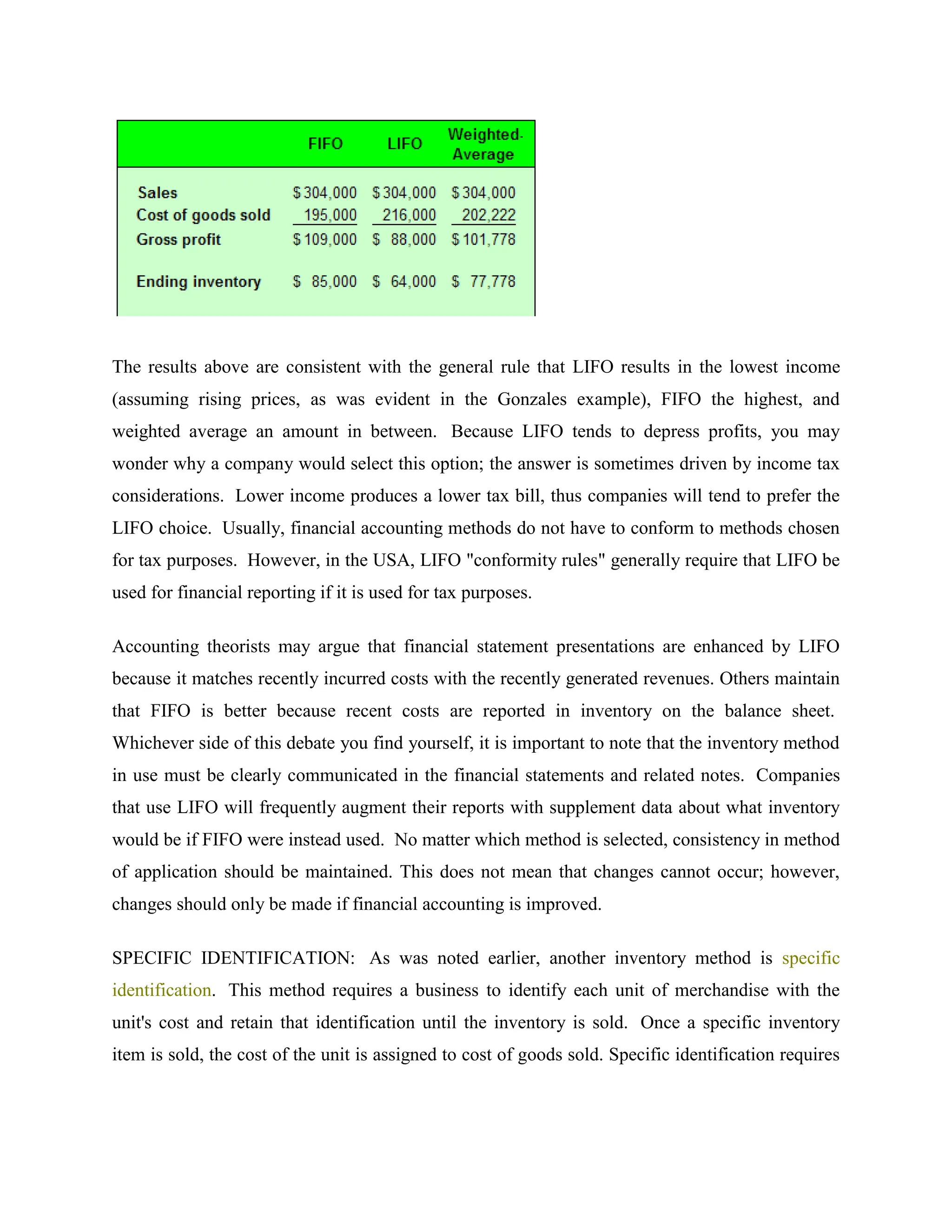 The results above are consistent with the general rule that LIFO results in the lowest income
(assuming rising prices, as was evident in the Gonzales example), FIFO the highest, and
weighted average an amount in between. Because LIFO tends to depress profits, you may
wonder why a company would select this option; the answer is sometimes driven by income tax
considerations. Lower income produces a lower tax bill, thus companies will tend to prefer the
LIFO choice. Usually, financial accounting methods do not have to conform to methods chosen
for tax purposes. However, in the USA, LIFO "conformity rules" generally require that LIFO be
used for financial reporting if it is used for tax purposes.
Accounting theorists may argue that financial statement presentations are enhanced by LIFO
because it matches recently incurred costs with the recently generated revenues. Others maintain
that FIFO is better because recent costs are reported in inventory on the balance sheet.
Whichever side of this debate you find yourself, it is important to note that the inventory method
in use must be clearly communicated in the financial statements and related notes. Companies
that use LIFO will frequently augment their reports with supplement data about what inventory
would be if FIFO were instead used. No matter which method is selected, consistency in method
of application should be maintained. This does not mean that changes cannot occur; however,
changes should only be made if financial accounting is improved.
SPECIFIC IDENTIFICATION: As was noted earlier, another inventory method is specific
identification. This method requires a business to identify each unit of merchandise with the
unit's cost and retain that identification until the inventory is sold. Once a specific inventory
item is sold, the cost of the unit is assigned to cost of goods sold. Specific identification requires
 