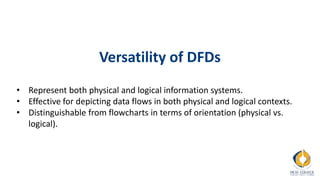 Versatility of DFDs
• Represent both physical and logical information systems.
• Effective for depicting data flows in both physical and logical contexts.
• Distinguishable from flowcharts in terms of orientation (physical vs.
logical).
 