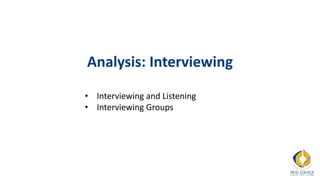 Analysis: Interviewing
• Interviewing and Listening
• Interviewing Groups
 
