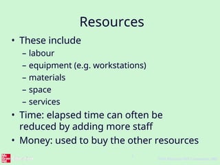 3
©The McGraw-Hill Companies, 2005
Resources
• These include
– labour
– equipment (e.g. workstations)
– materials
– space
– services
• Time: elapsed time can often be
reduced by adding more staff
• Money: used to buy the other resources
 