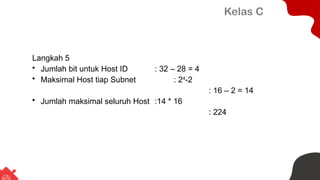Kelas C
Langkah 5
• Jumlah bit untuk Host ID : 32 – 28 = 4
• Maksimal Host tiap Subnet : 24
-2
: 16 – 2 = 14
• Jumlah maksimal seluruh Host :14 * 16
: 224
 