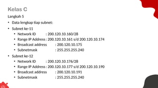 Kelas C
Langkah 5
• Data lengkap tiap subnet:
• Subnet ke-11
• Network ID : 200.120.10.160/28
• Range IP Address : 200.120.10.161 s/d 200.120.10.174
• Broadcast address : 200.120.10.175
• Subnetmask : 255.255.255.240
• Subnet ke-12
• Network ID : 200.120.10.176/28
• Range IP Address : 200.120.10.177 s/d 200.120.10.190
• Broadcast address : 200.120.10.191
• Subnetmask : 255.255.255.240
 