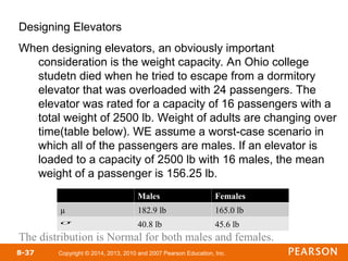 Copyright © 2014, 2013, 2010 and 2007 Pearson Education, Inc.
8-37
Designing Elevators
When designing elevators, an obviously important
consideration is the weight capacity. An Ohio college
studetn died when he tried to escape from a dormitory
elevator that was overloaded with 24 passengers. The
elevator was rated for a capacity of 16 passengers with a
total weight of 2500 lb. Weight of adults are changing over
time(table below). WE assume a worst-case scenario in
which all of the passengers are males. If an elevator is
loaded to a capacity of 2500 lb with 16 males, the mean
weight of a passenger is 156.25 lb.
The distribution is Normal for both males and females.
Males Females
µ 182.9 lb 165.0 lb
40.8 lb 45.6 lb


 