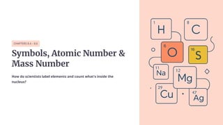 CHAPTERS 8.4 – 8.6
Symbols, Atomic Number &
Mass Number
How do scientists label elements and count what's inside the
nucleus?
 