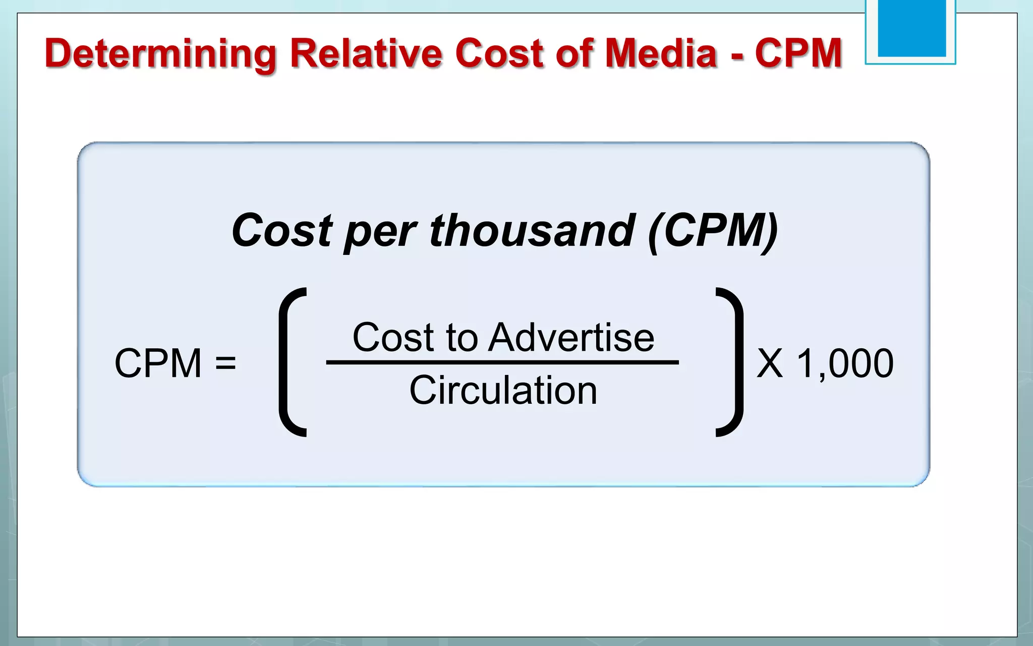 Determining Relative Cost of Media - CPM
Cost per thousand (CPM)
Circulation
Cost to Advertise
CPM = X 1,000
 