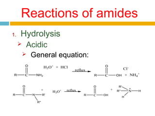 Reactions of amides
1.

Hydrolysis
Acidic





General equation:

O

H3O+ + HCl

C

R

O

NH2

R

O

+
R

C

N

R'
R''

C

O

H3 O+

Cl-

reflux

+

reflux
R

C

OH

+ NH4+

OH

R'

N

R''
H

H

 