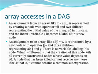 array accesses in a DAG
 An assignment from an array, like x = a [i], is represented
by creating a node with operator =[] and two children
representing the initial value of the array, a0 in this case,
and the index i. Variable x becomes a label of this new
node.
 An assignment to an array, like a [j] = y, is represented by a
new node with operator []= and three children
representing a0, j and y. There is no variable labeling this
node. What is different is that the creation of this node kills
all currently constructed nodes whose value depends on
a0. A node that has been killed cannot receive any more
labels; that is, it cannot become a common subexpression.
 