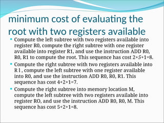 minimum cost of evaluating the
root with two registers available
 Compute the left subtree with two registers available into
register R0, compute the right subtree with one register
available into register R1, and use the instruction ADD R0,
R0, R1 to compute the root. This sequence has cost 2+5+1=8.
 Compute the right subtree with two registers available into
R l , compute the left subtree with one register available
into R0, and use the instruction ADD R0, R0, R1. This
sequence has cost 4+2+1=7.
 Compute the right subtree into memory location M,
compute the left subtree with two registers available into
register RO, and use the instruction ADD R0, R0, M. This
sequence has cost 5+2+1=8.
 