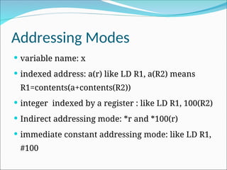Addressing Modes
 variable name: x
 indexed address: a(r) like LD R1, a(R2) means
R1=contents(a+contents(R2))
 integer indexed by a register : like LD R1, 100(R2)
 Indirect addressing mode: *r and *100(r)
 immediate constant addressing mode: like LD R1,
#100
 