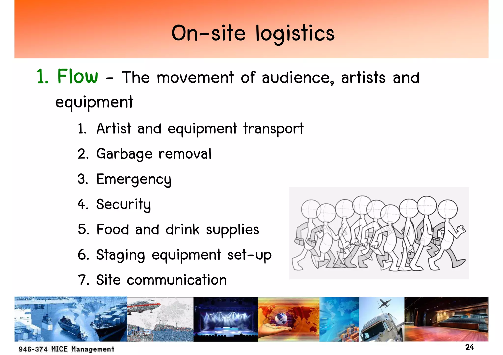 On-site logistics
1. Flow - The movement of audience, artists and
  equipment
     1.   Artist and equipment transport
     2.   Garbage removal
     3.   Emergency
     4.   Security
     5.   Food and drink supplies
     6.   Staging equipment set-up
     7.   Site communication


                                                  24
 