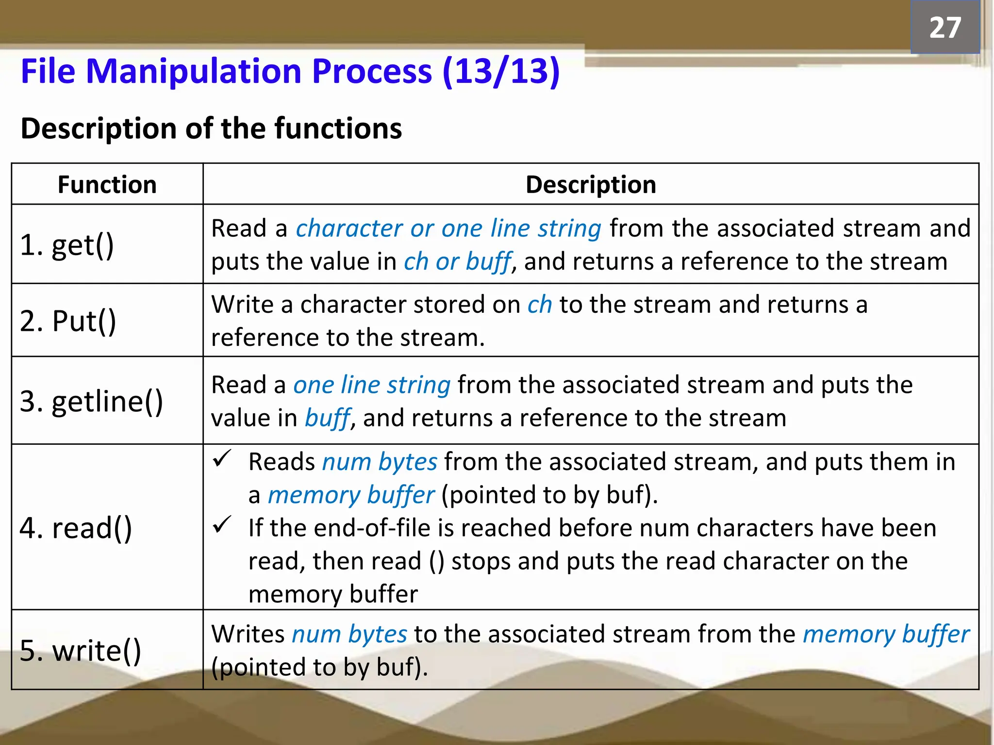 Description of the functions 27 File Manipulation Process (13/13) Function Description 1. get() Read a character or one line string from the associated stream and puts the value in ch or buff, and returns a reference to the stream 2. Put() Write a character stored on ch to the stream and returns a reference to the stream. 3. getline() Read a one line string from the associated stream and puts the value in buff, and returns a reference to the stream 4. read()  Reads num bytes from the associated stream, and puts them in a memory buffer (pointed to by buf).  If the end-of-file is reached before num characters have been read, then read () stops and puts the read character on the memory buffer 5. write() Writes num bytes to the associated stream from the memory buffer (pointed to by buf). 