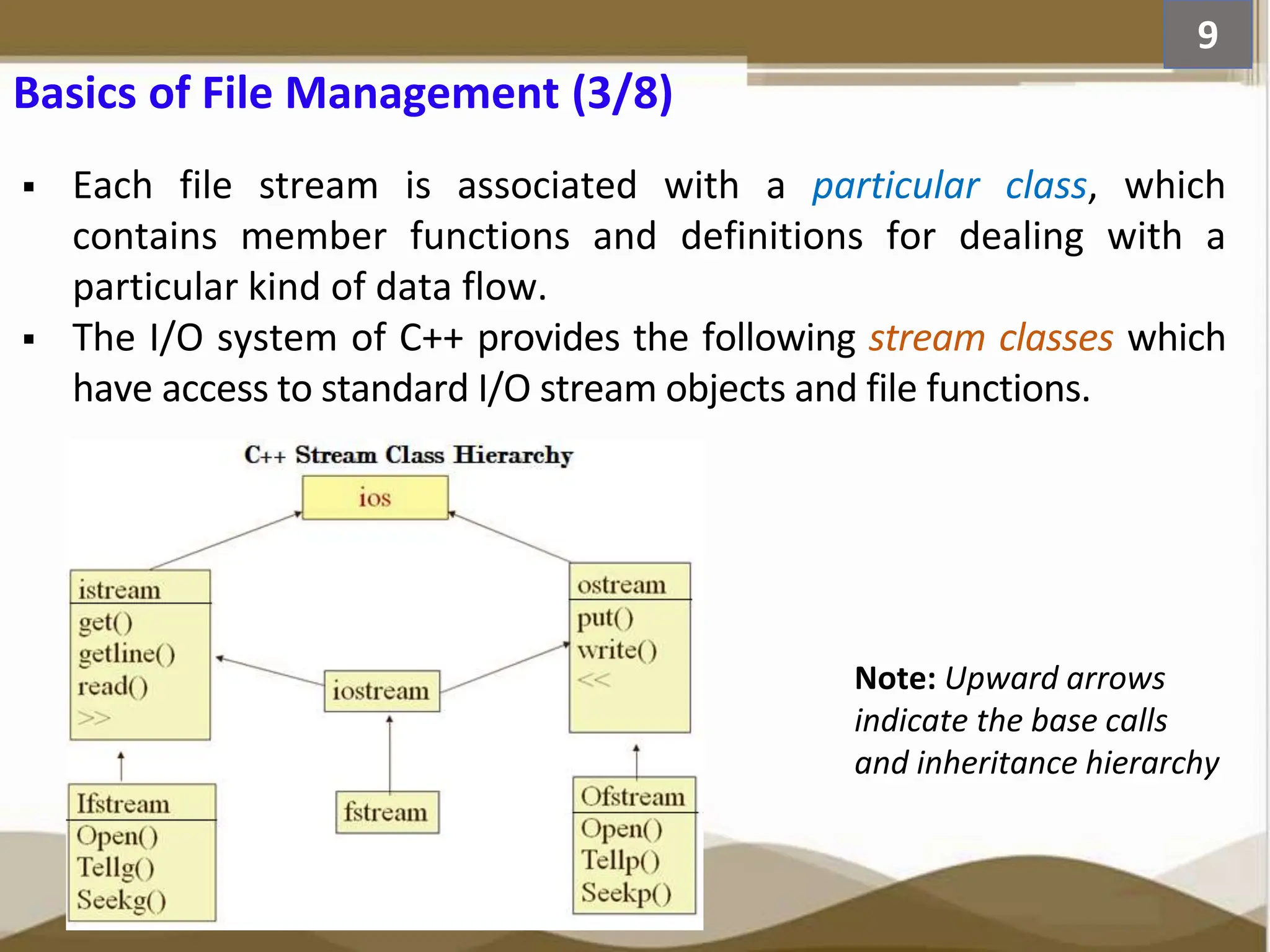 Basics of File Management (3/8)  Each file stream is associated with a particular class, which contains member functions and definitions for dealing with a particular kind of data flow.  The I/O system of C++ provides the following stream classes which have access to standard I/O stream objects and file functions. 9 Note: Upward arrows indicate the base calls and inheritance hierarchy 