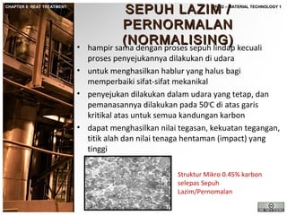 CHAPTER 8: HEAT TREATMENT

SEPUH LAZIM /
PERNORMALAN
(NORMALISING)
hampir sama dengan proses sepuh lindap kecuali

JF302 – MATERIAL TECHNOLOGY 1

•

proses penyejukannya dilakukan di udara
• untuk menghasilkan hablur yang halus bagi
memperbaiki sifat-sifat mekanikal
• penyejukan dilakukan dalam udara yang tetap, dan
pemanasannya dilakukan pada 50oC di atas garis
kritikal atas untuk semua kandungan karbon
• dapat menghasilkan nilai tegasan, kekuatan tegangan,
titik alah dan nilai tenaga hentaman (impact) yang
tinggi
Struktur Mikro 0.45% karbon
selepas Sepuh
Lazim/Pernomalan

 