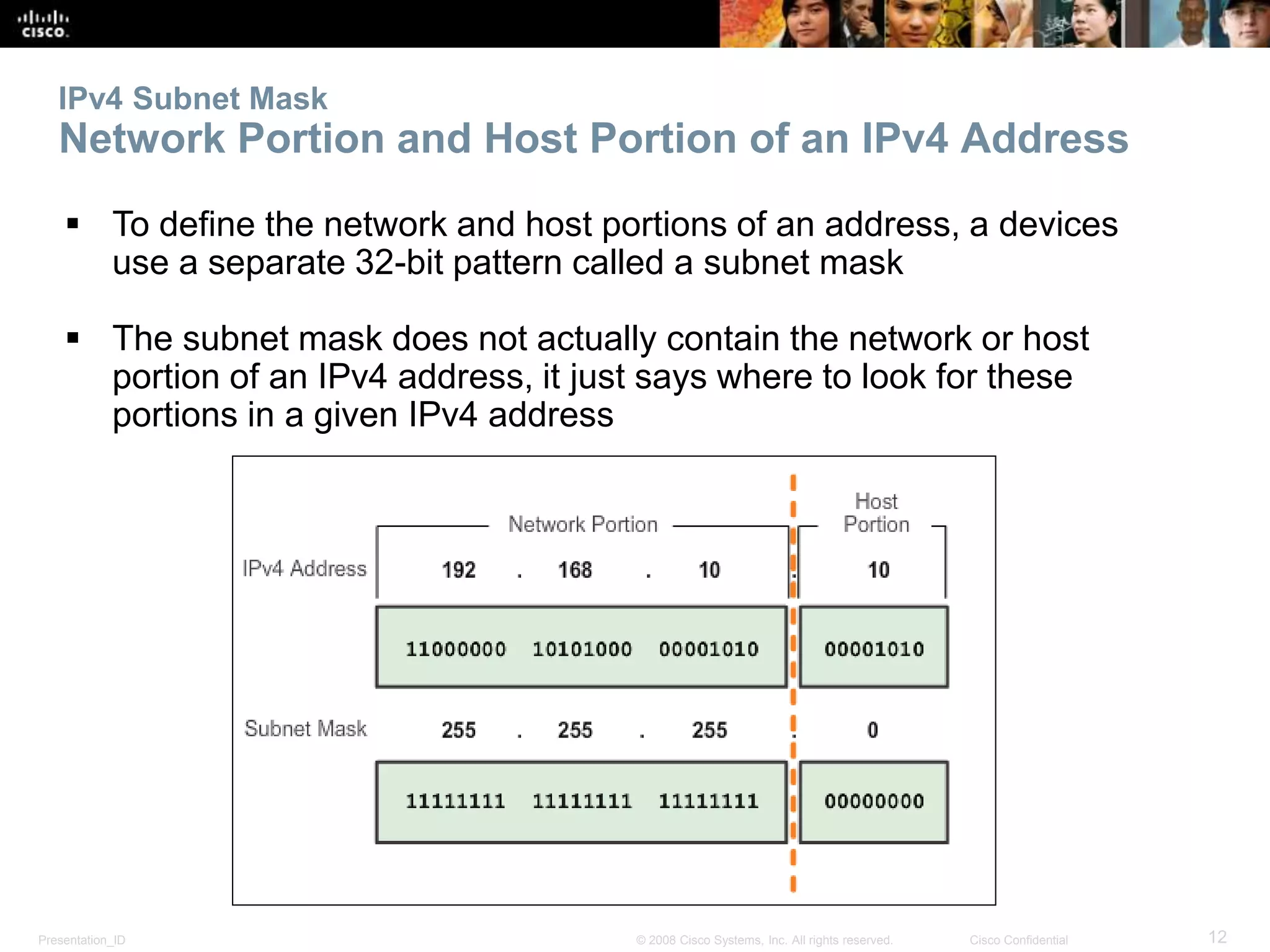 Presentation_ID 12© 2008 Cisco Systems, Inc. All rights reserved. Cisco Confidential
IPv4 Subnet Mask
Network Portion and Host Portion of an IPv4 Address
 To define the network and host portions of an address, a devices
use a separate 32-bit pattern called a subnet mask
 The subnet mask does not actually contain the network or host
portion of an IPv4 address, it just says where to look for these
portions in a given IPv4 address
 