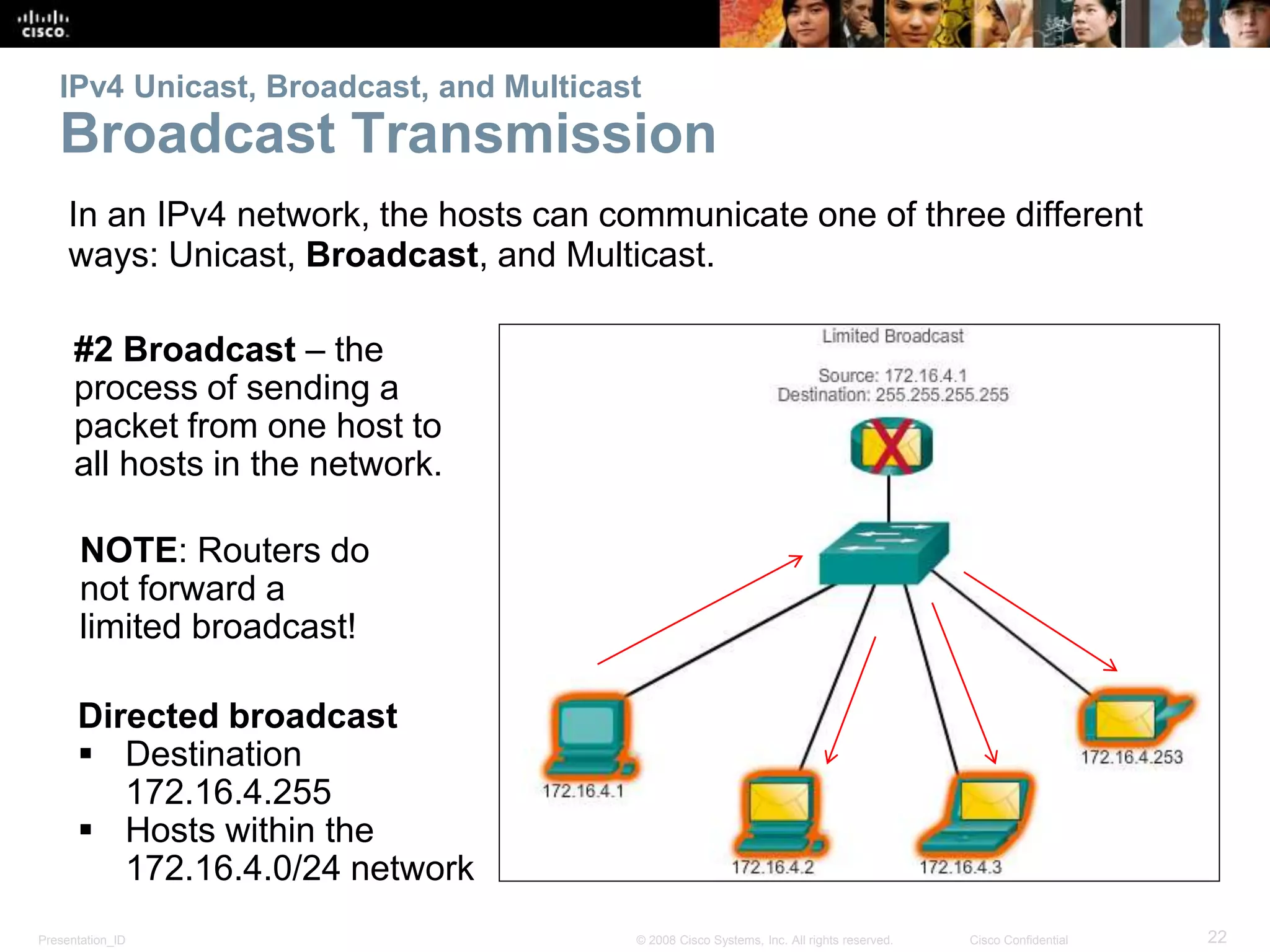 Presentation_ID 22© 2008 Cisco Systems, Inc. All rights reserved. Cisco Confidential
IPv4 Unicast, Broadcast, and Multicast
Broadcast Transmission
In an IPv4 network, the hosts can communicate one of three different
ways: Unicast, Broadcast, and Multicast.
NOTE: Routers do
not forward a
limited broadcast!
Directed broadcast
• Destination
172.16.4.255
• Hosts within the
172.16.4.0/24
network
#2 Broadcast – the
process of sending a
packet from one host to
all hosts in the network.
Directed broadcast
 Destination
172.16.4.255
 Hosts within the
172.16.4.0/24 network
 