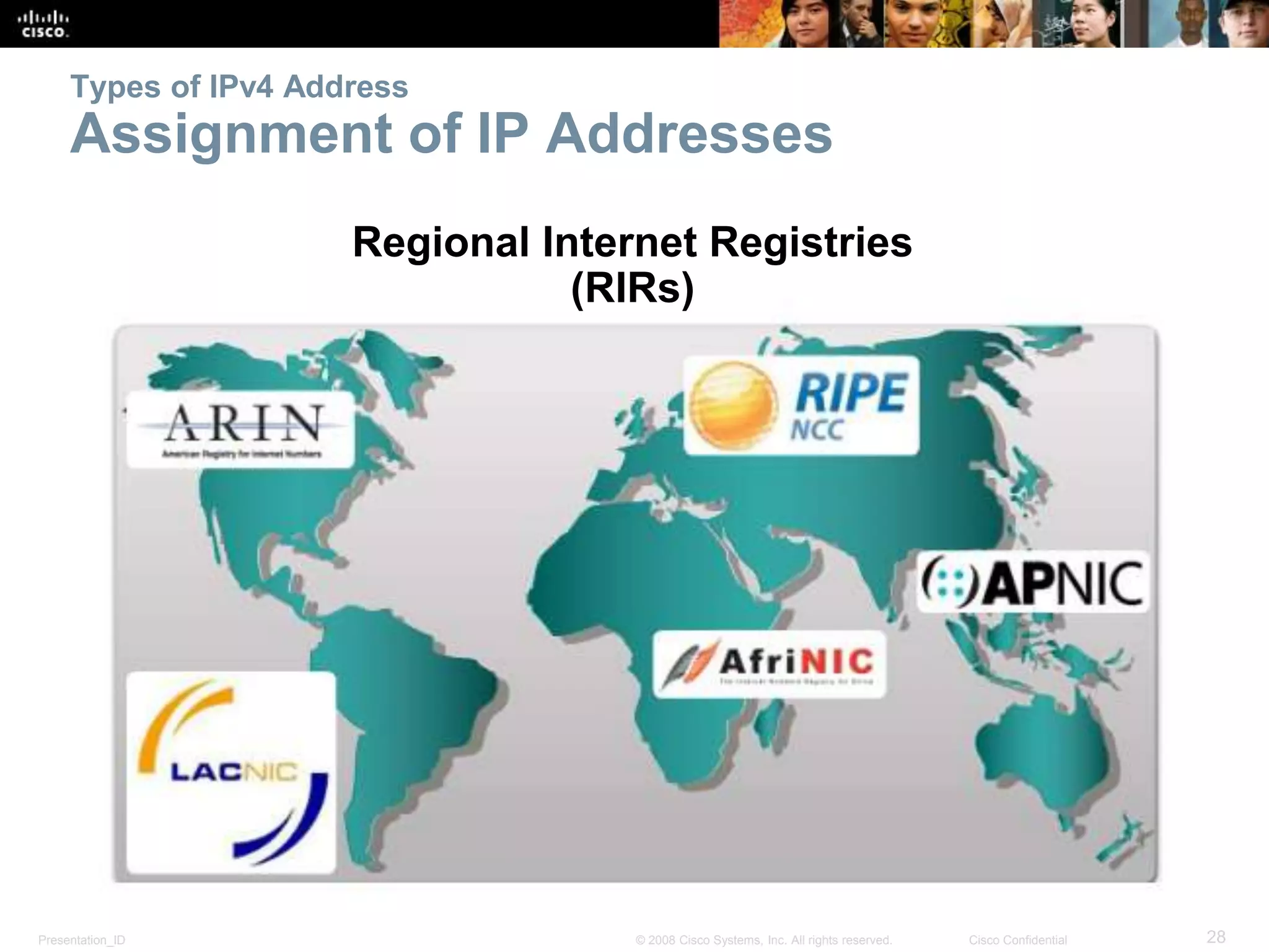 Presentation_ID 28© 2008 Cisco Systems, Inc. All rights reserved. Cisco Confidential
Types of IPv4 Address
Assignment of IP Addresses
Regional Internet Registries
(RIRs)
 