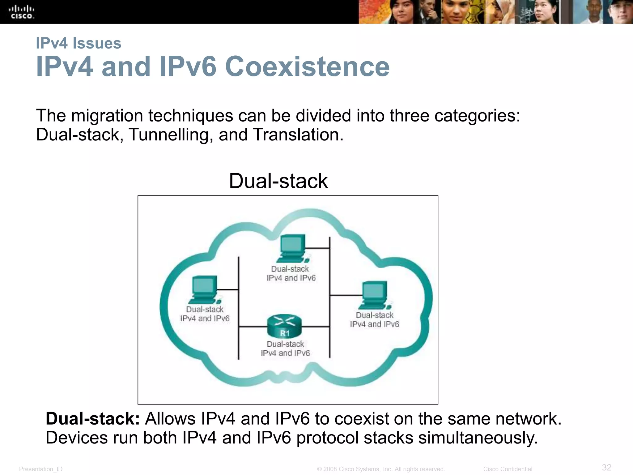 Presentation_ID 32© 2008 Cisco Systems, Inc. All rights reserved. Cisco Confidential
IPv4 Issues
IPv4 and IPv6 Coexistence
The migration techniques can be divided into three categories:
Dual-stack, Tunnelling, and Translation.
Dual-stack: Allows IPv4 and IPv6 to coexist on the same network.
Devices run both IPv4 and IPv6 protocol stacks simultaneously.
Dual-stack
 