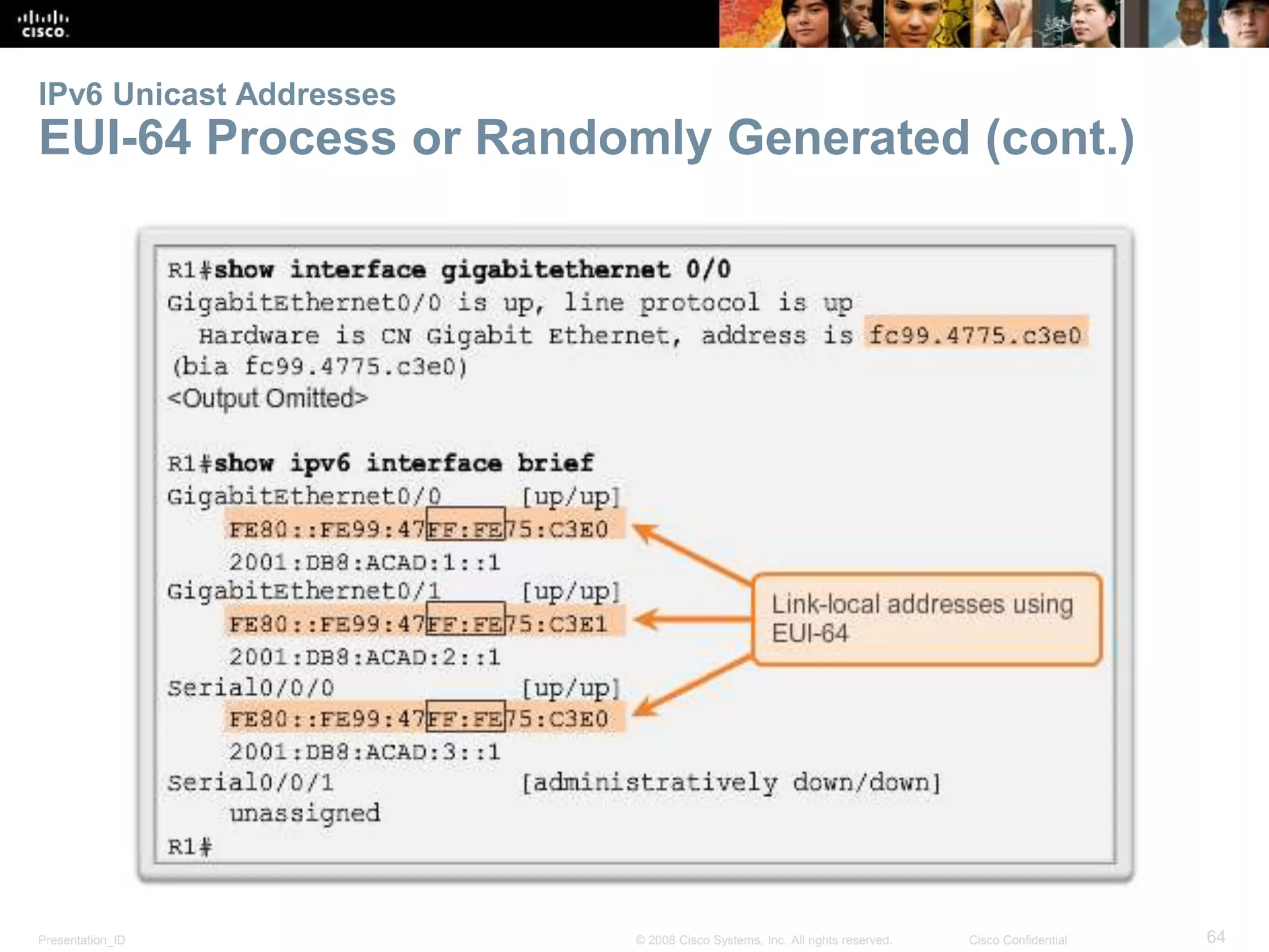 Presentation_ID 64© 2008 Cisco Systems, Inc. All rights reserved. Cisco Confidential
IPv6 Unicast Addresses
EUI-64 Process or Randomly Generated (cont.)
 