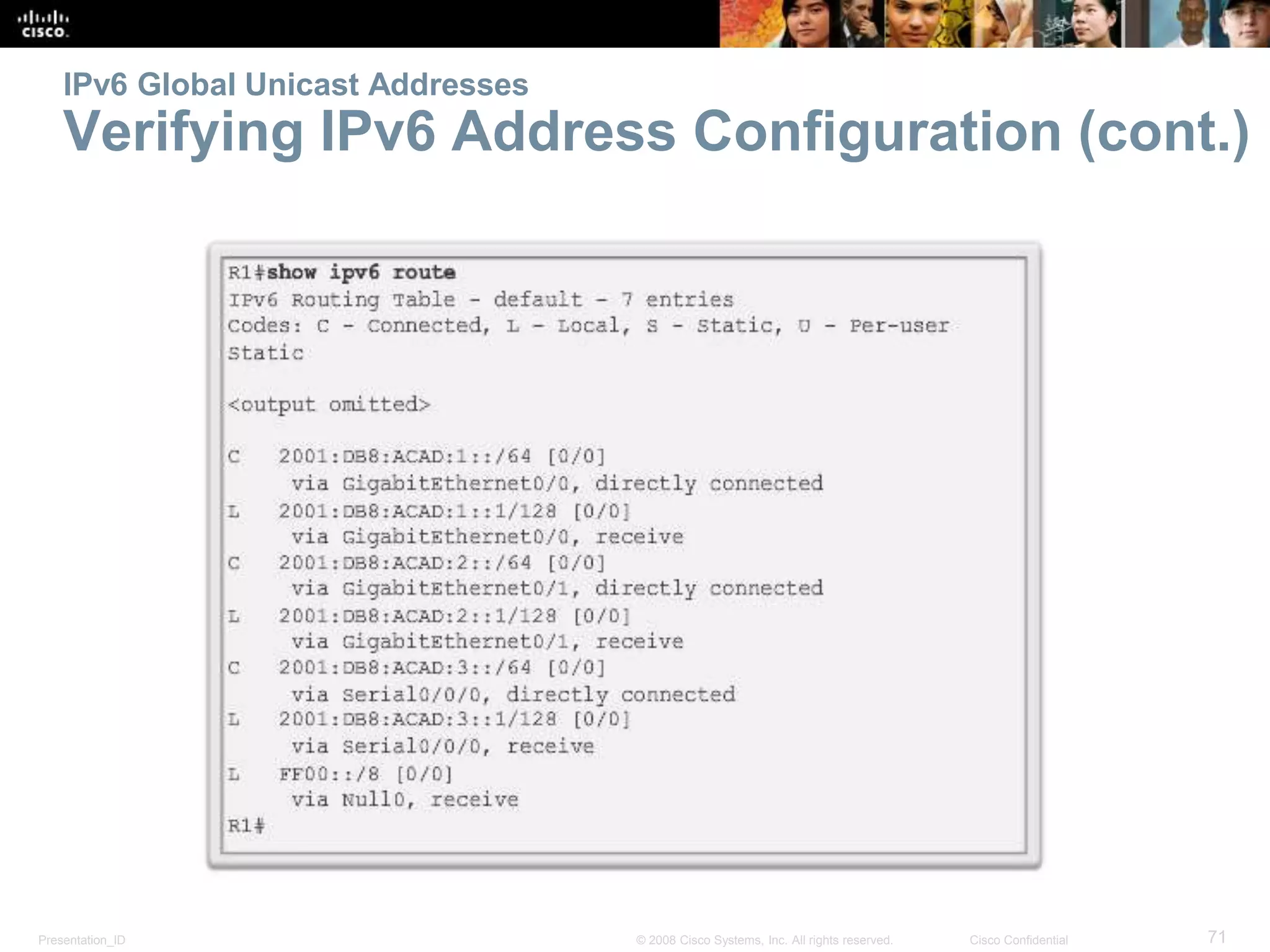 Presentation_ID 71© 2008 Cisco Systems, Inc. All rights reserved. Cisco Confidential
IPv6 Global Unicast Addresses
Verifying IPv6 Address Configuration (cont.)
 