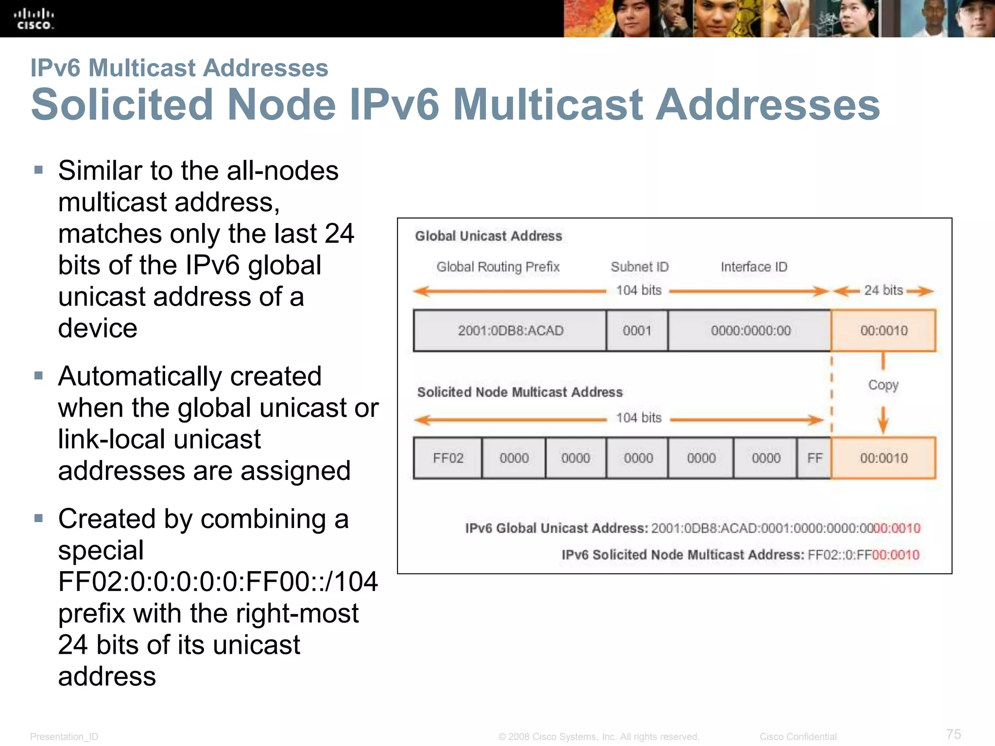 Presentation_ID 75© 2008 Cisco Systems, Inc. All rights reserved. Cisco Confidential
IPv6 Multicast Addresses
Solicited Node IPv6 Multicast Addresses
 Similar to the all-nodes
multicast address,
matches only the last 24
bits of the IPv6 global
unicast address of a
device
 Automatically created
when the global unicast or
link-local unicast
addresses are assigned
 Created by combining a
special
FF02:0:0:0:0:0:FF00::/104
prefix with the right-most
24 bits of its unicast
address
 